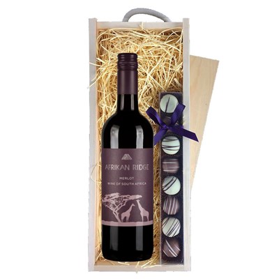 Afrikan Ridge Merlot 75cl Red Wine & Heart Truffles, Wooden Box